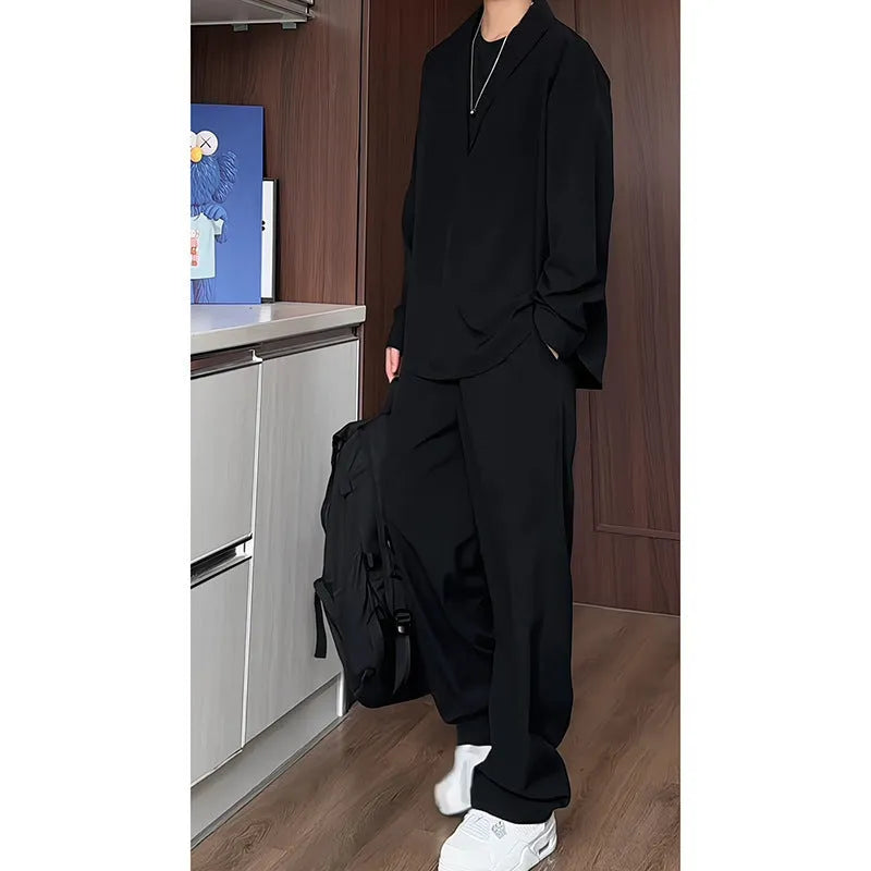 Men's slim fit casual suit with long sleeve polo shirt and trousers in apricot colour