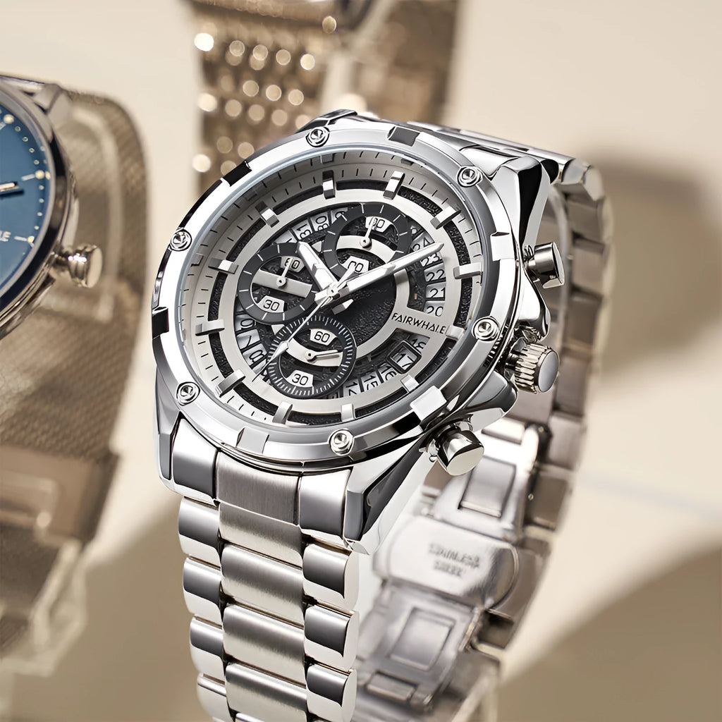Men's waterproof luminous quartz watch with steel band in three colour options