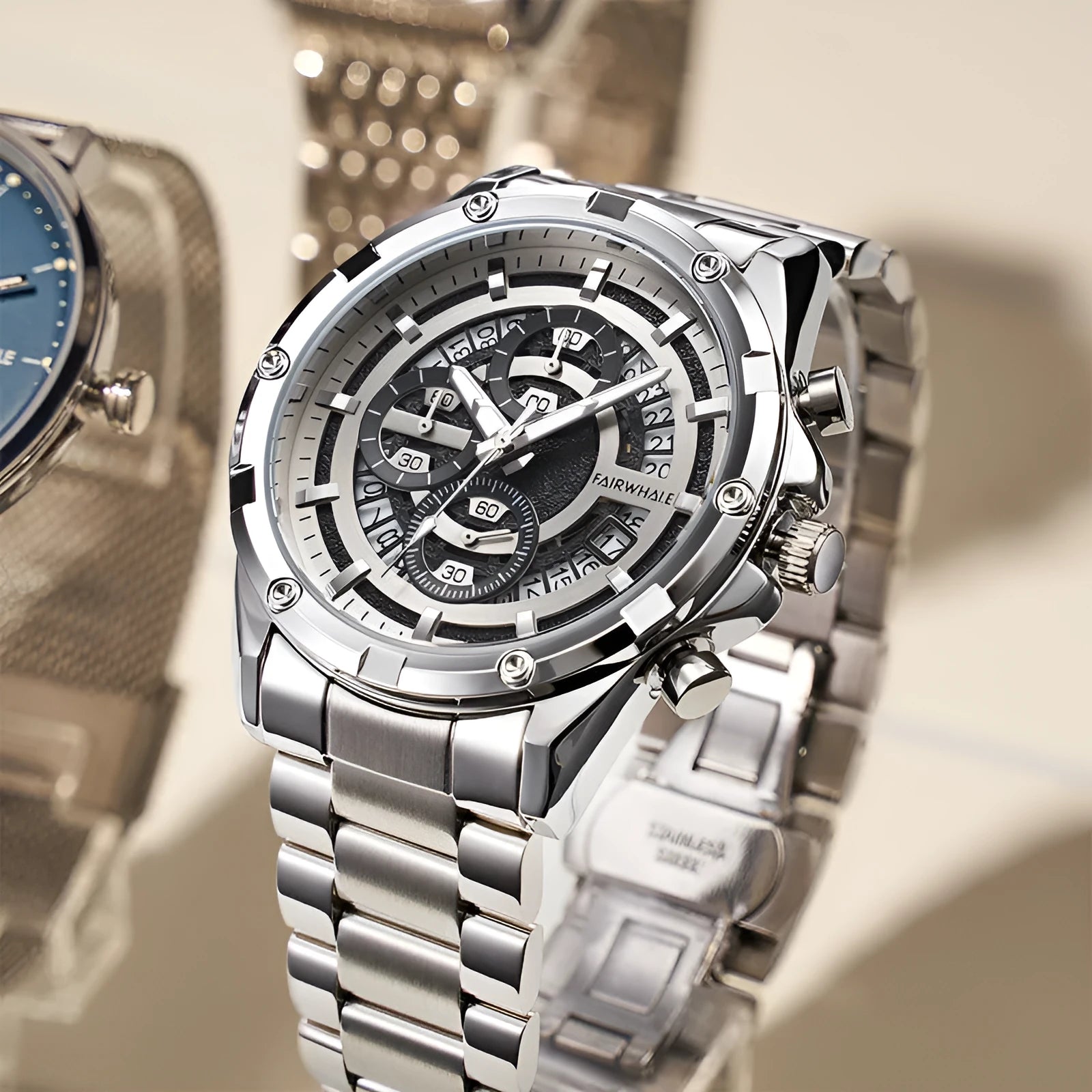 Men's waterproof luminous quartz watch with steel band in three colour options