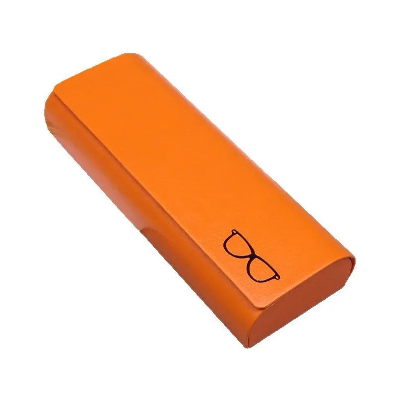 Leather glasses case in black, blue, grey, orange, white, and pink with single compartment for one pair of glasses