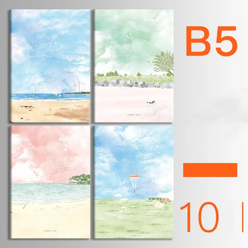 Pack of 10 A5 and B5 soft cover kraft paper notebooks with various designs, showing thread binding.