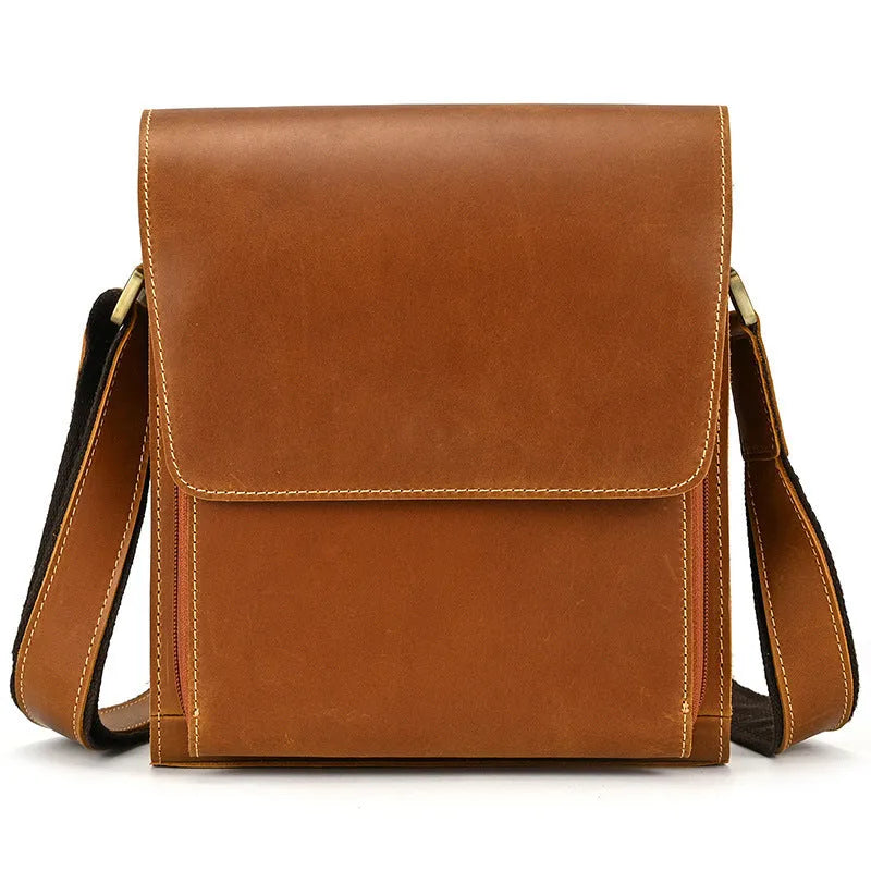 Men's dark brown first layer cowhide leather shoulder bag with crossbody strap