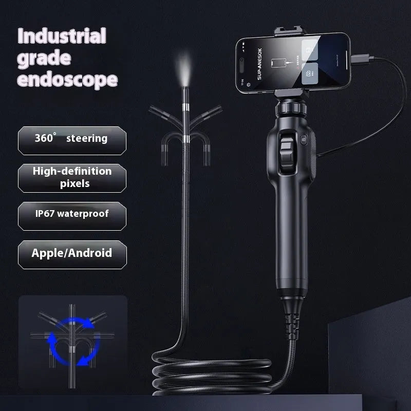 360-degree steering industrial pipeline endoscope with 8mm camera on display showing cable and handle