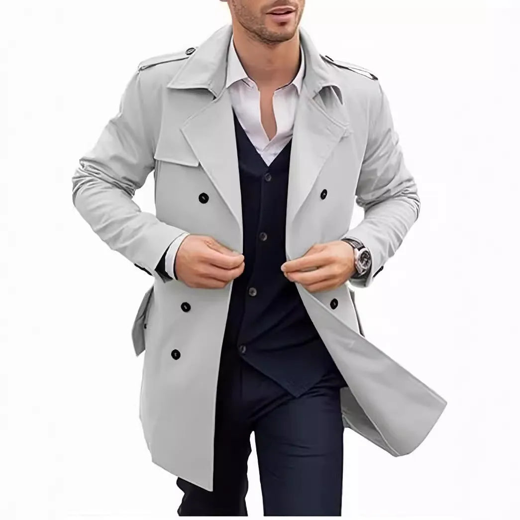 Men's double breasted mid length polyester coat in black, brown, and light gray, sizes M to 2XL