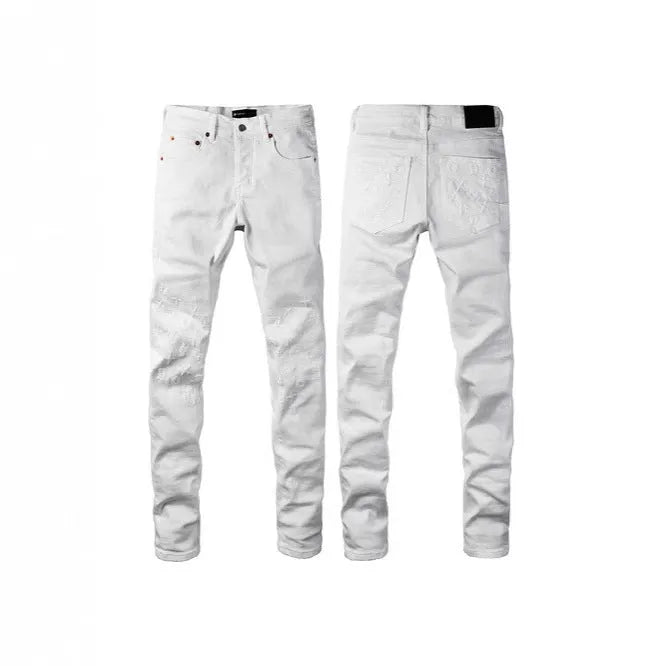 Black slim fit straight leg men's jeans with a button fly on a mannequin.