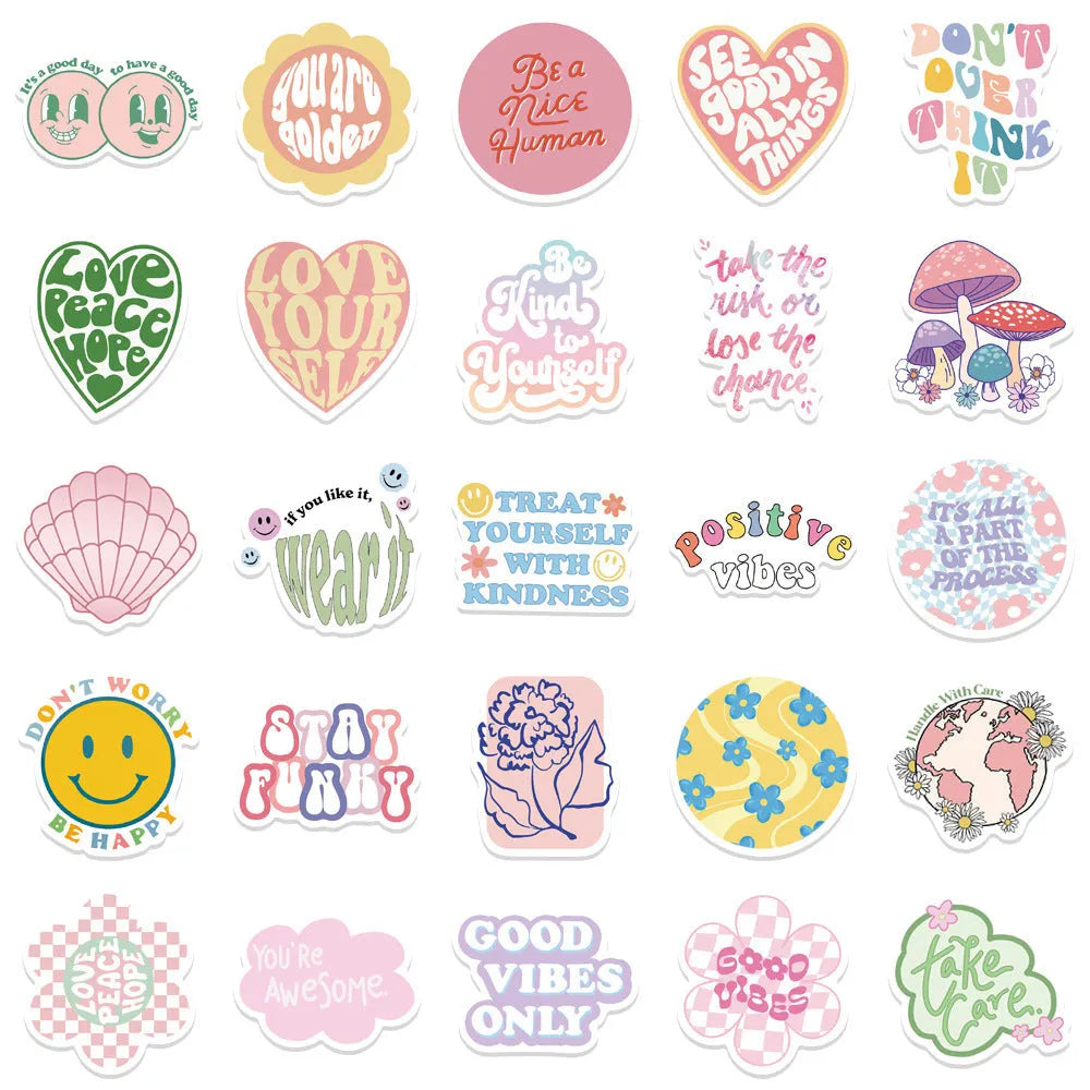 Danish pink motivational statement stickers, self-adhesive, 4-6cm, 50 pack for laptops, guitars, luggage and trolley cases.