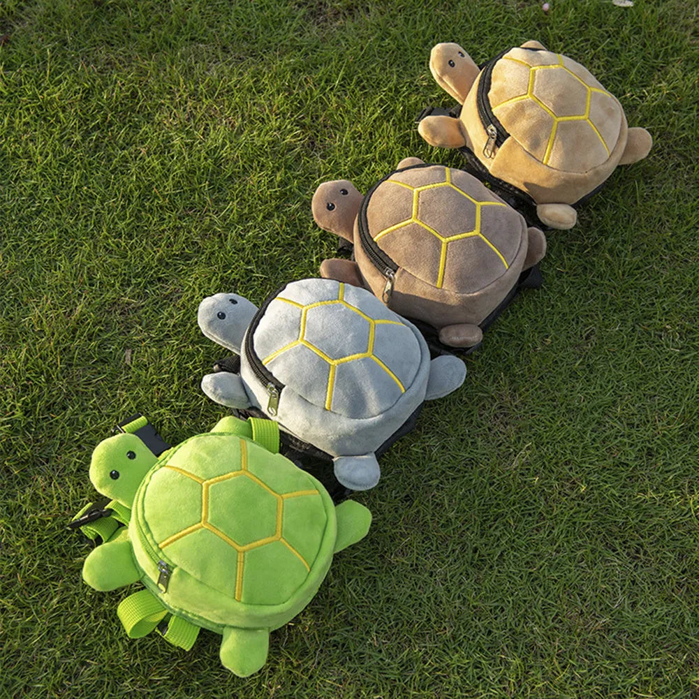 Turtle-shaped velvet dog backpack vest with metal zipper and harness in brown, green, grey, or yellow