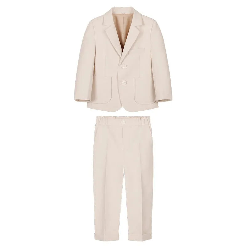 Boys' 5-piece suit set in beige, blue, or grey with coat, trousers, bow tie, vest, and brooch.