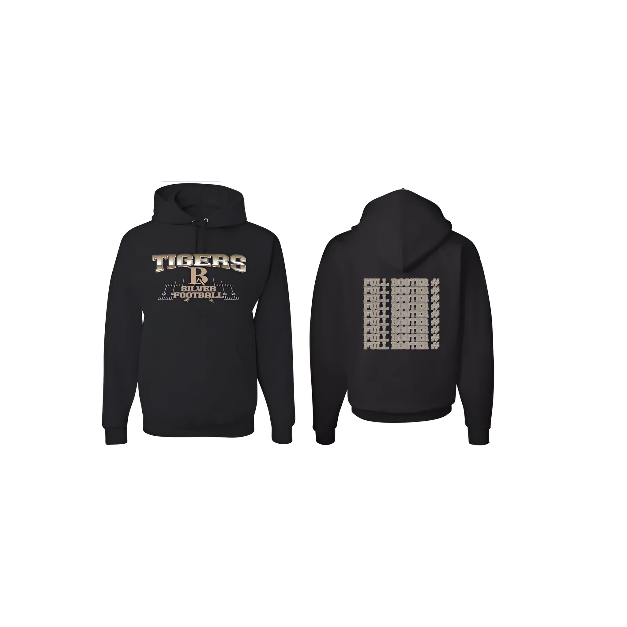 Black drop-shoulder sleeve pullover hoodie on a hanger, showing relaxed fit and long sleeves.