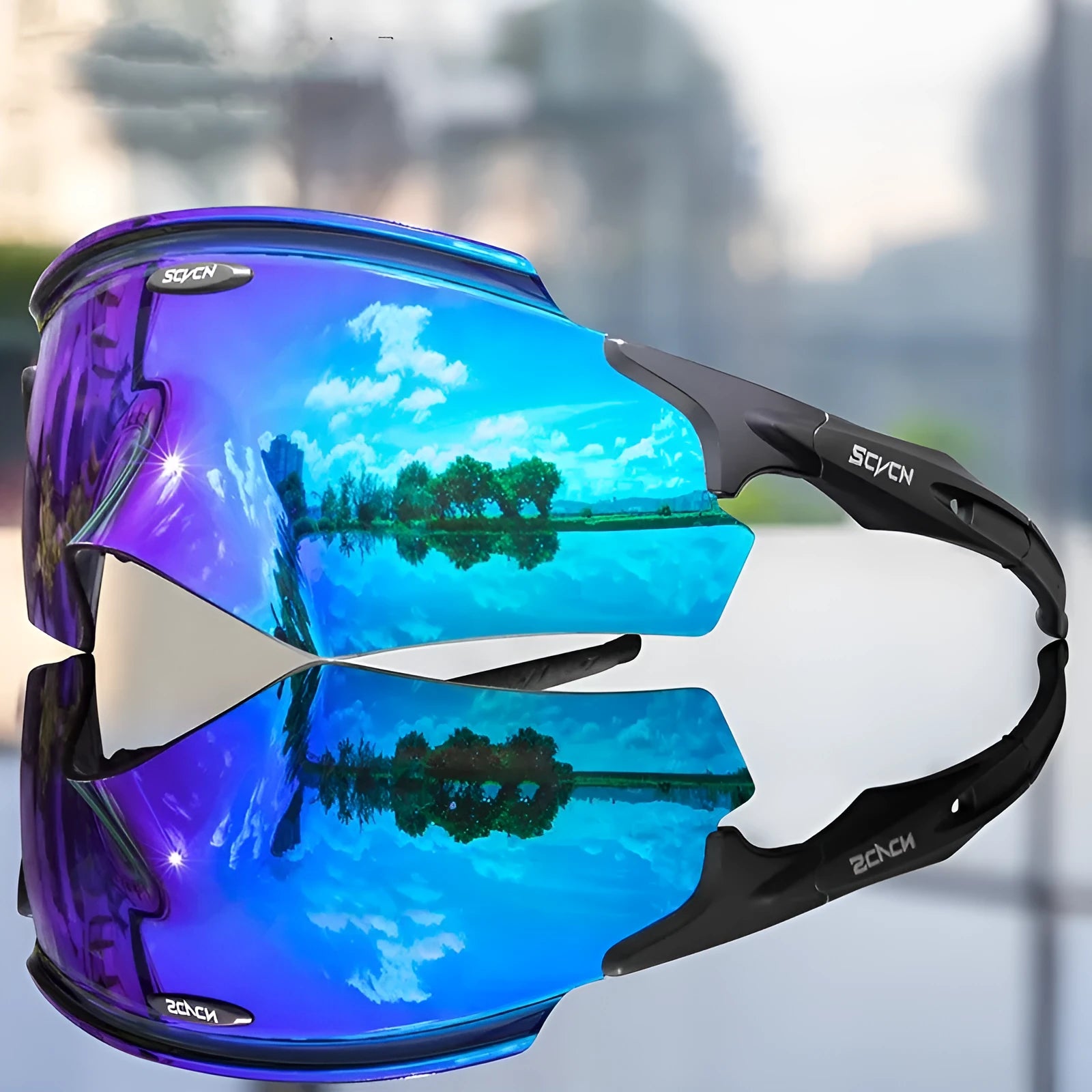 Integrated lens athletic glasses with colourful single-lens design and frameless construction