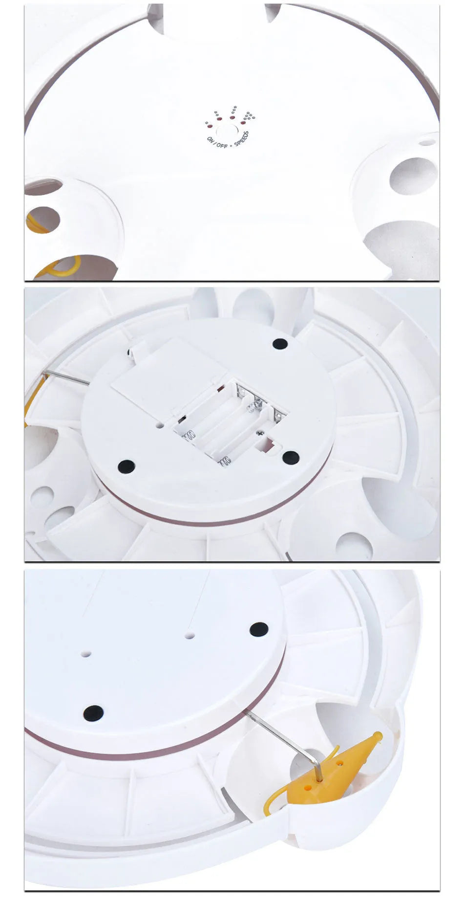 White electric cat turntable toy, 32cm diameter, with mouse-catching element on a flat floor