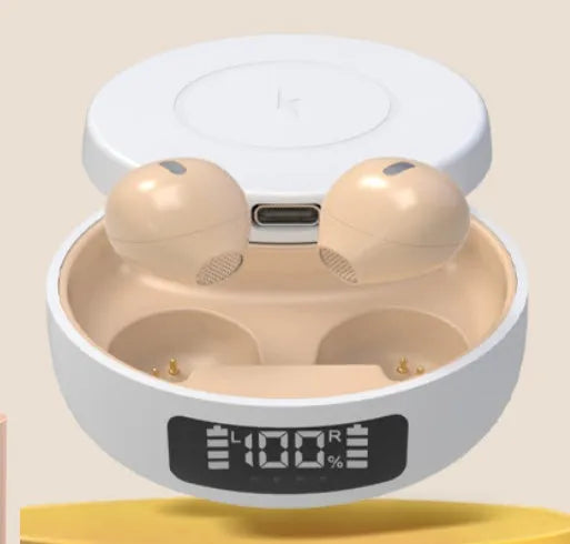 Wireless Bluetooth earbuds in semi-in-ear style with charging case, available in Black, Skin, and White colours