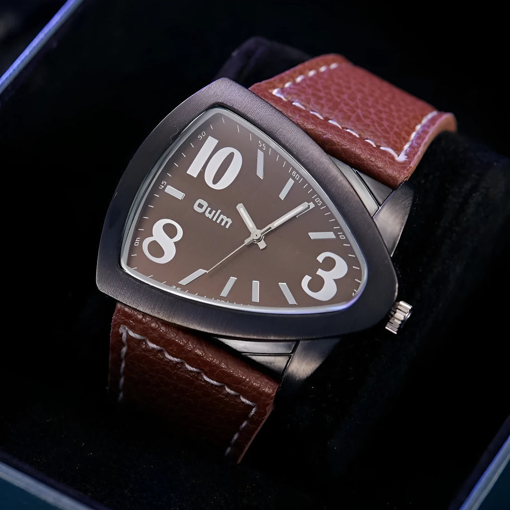 Men's casual triangle belt quartz watch showing analogue face with 9mm thickness