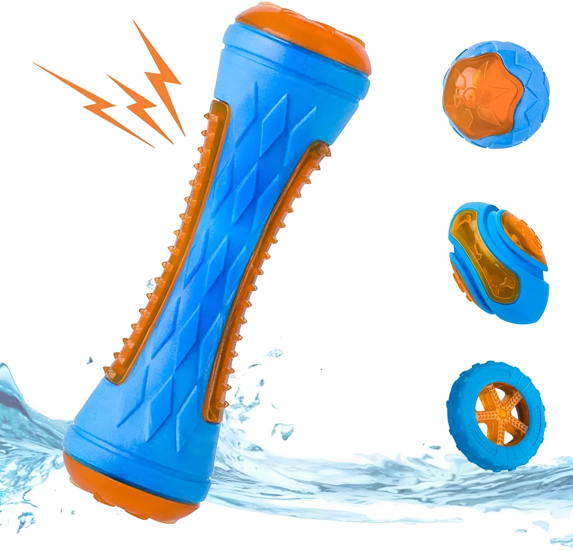 Three squeaky floating dog toys: a ball, barbell, and tires on a blue background.