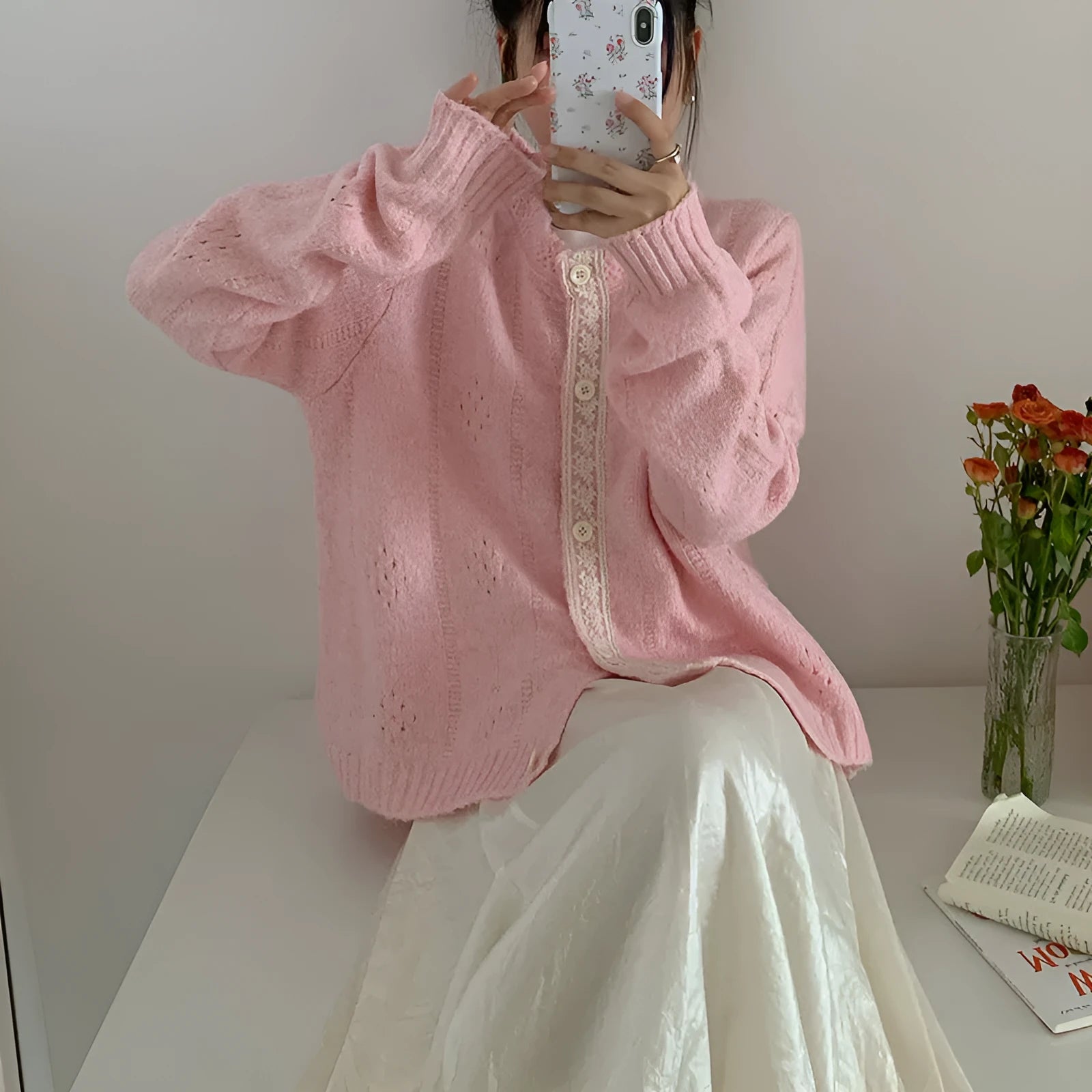 Korean art retro sweater coat in viscose fibre with loose fit, shown in apricot colour option