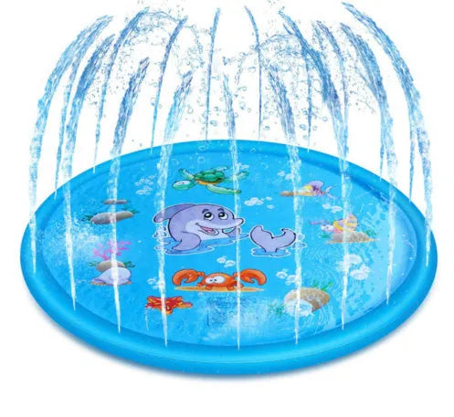 Blue PVC water spray play pad mat for children with marine animal design in garden setting.