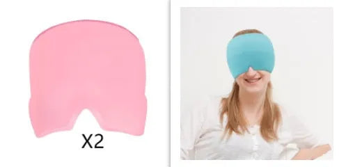 Black elastic ice gel headache relief eye mask shown on a mannequin head, adjustable for 42-66cm circumference.