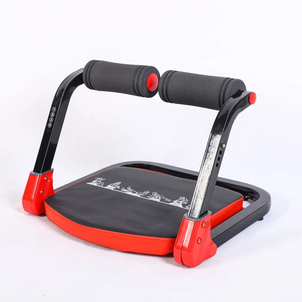 Sky blue and red coloured mini multifunctional abdominal exercise device for home, office, and outdoor use.