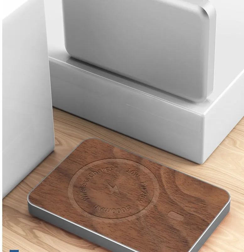 Khaki-coloured aluminium magnetic wireless power bank showing USB port and dimensions.