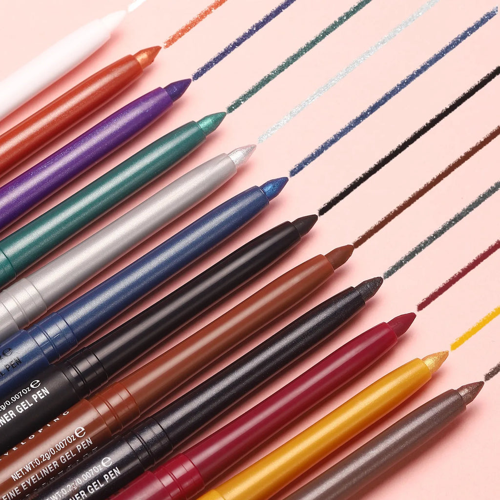 Set of 12 colourful gel glitter eyeliner pencils with vibrant shades on a white background
