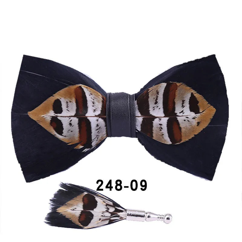 Handmade feather bow tie in polyester yarn, flat head style, 12cm x 6cm, unisex adult size