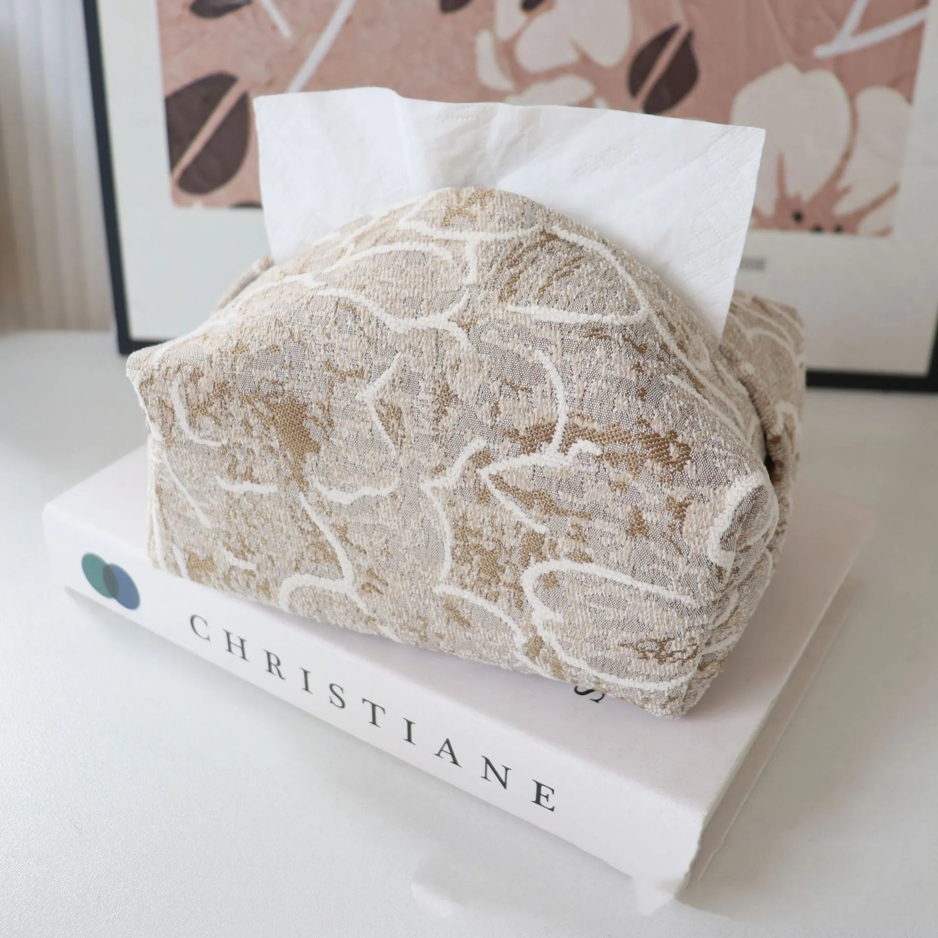 Chinese style floral cotton tissue box cover in beige, blue, or brown for living room