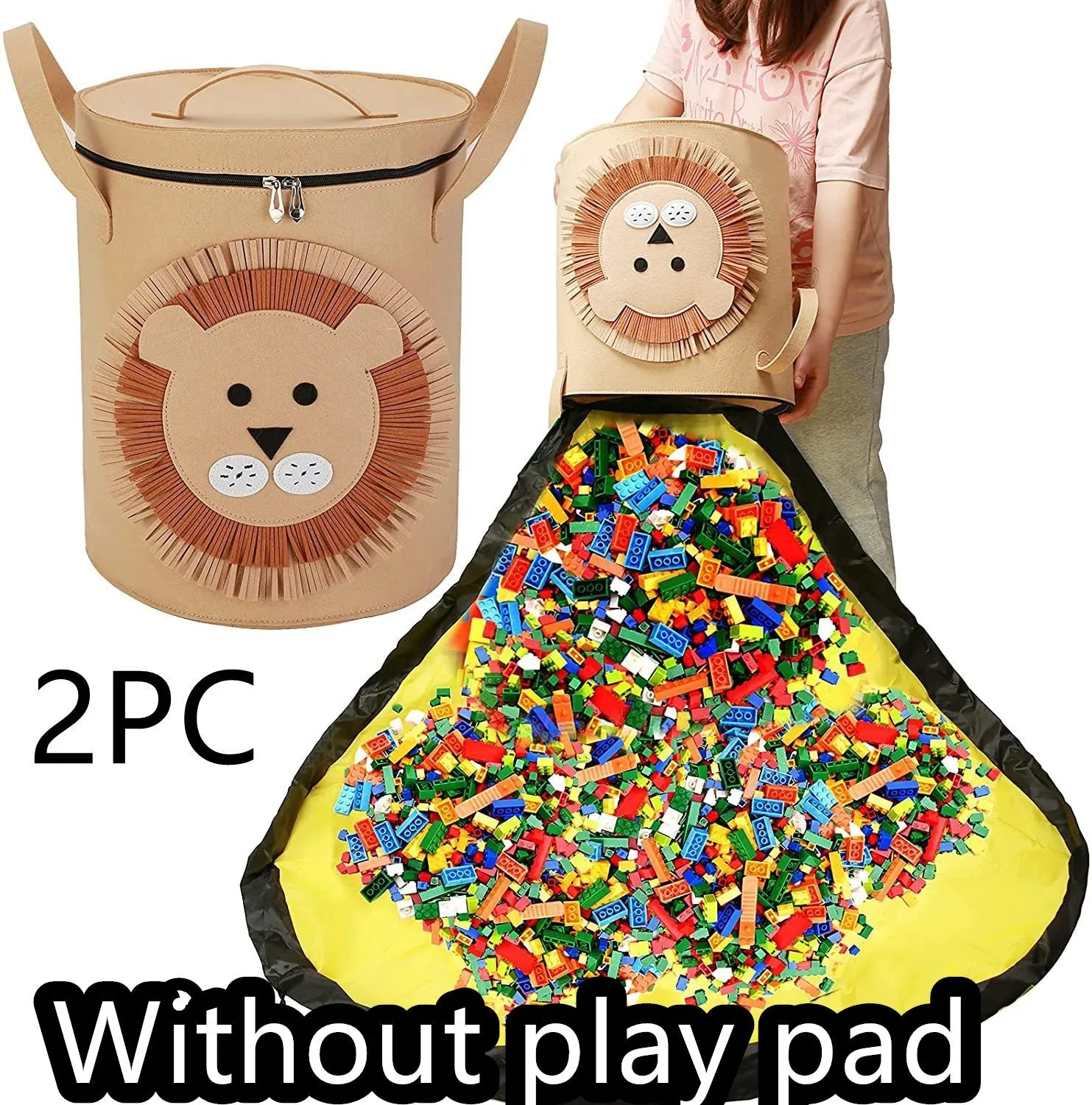 Green felt cube storage bag with pull rope, shown both as a closed bag and flattened as a play mat.