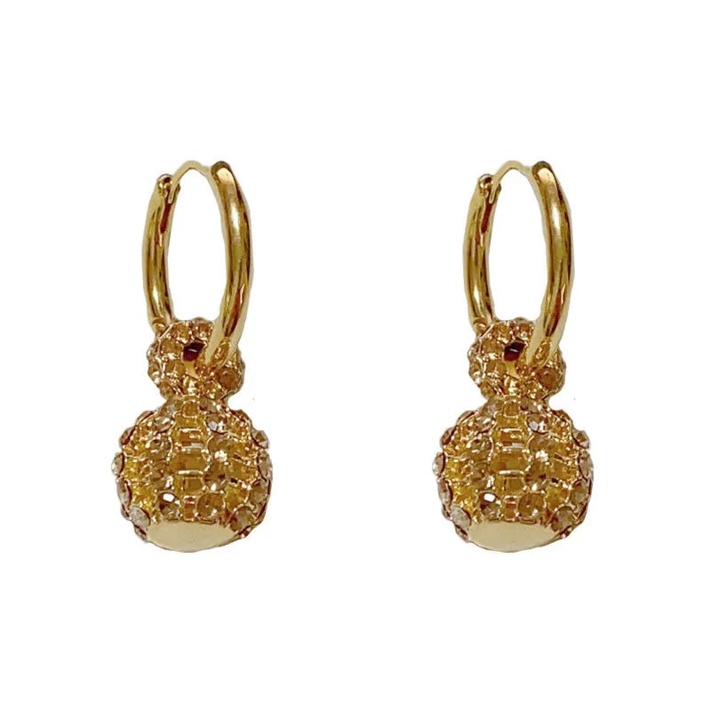Coffee colour full diamond hollow ball ear clips with real gold plating on copper, round geometric design, 1 pair