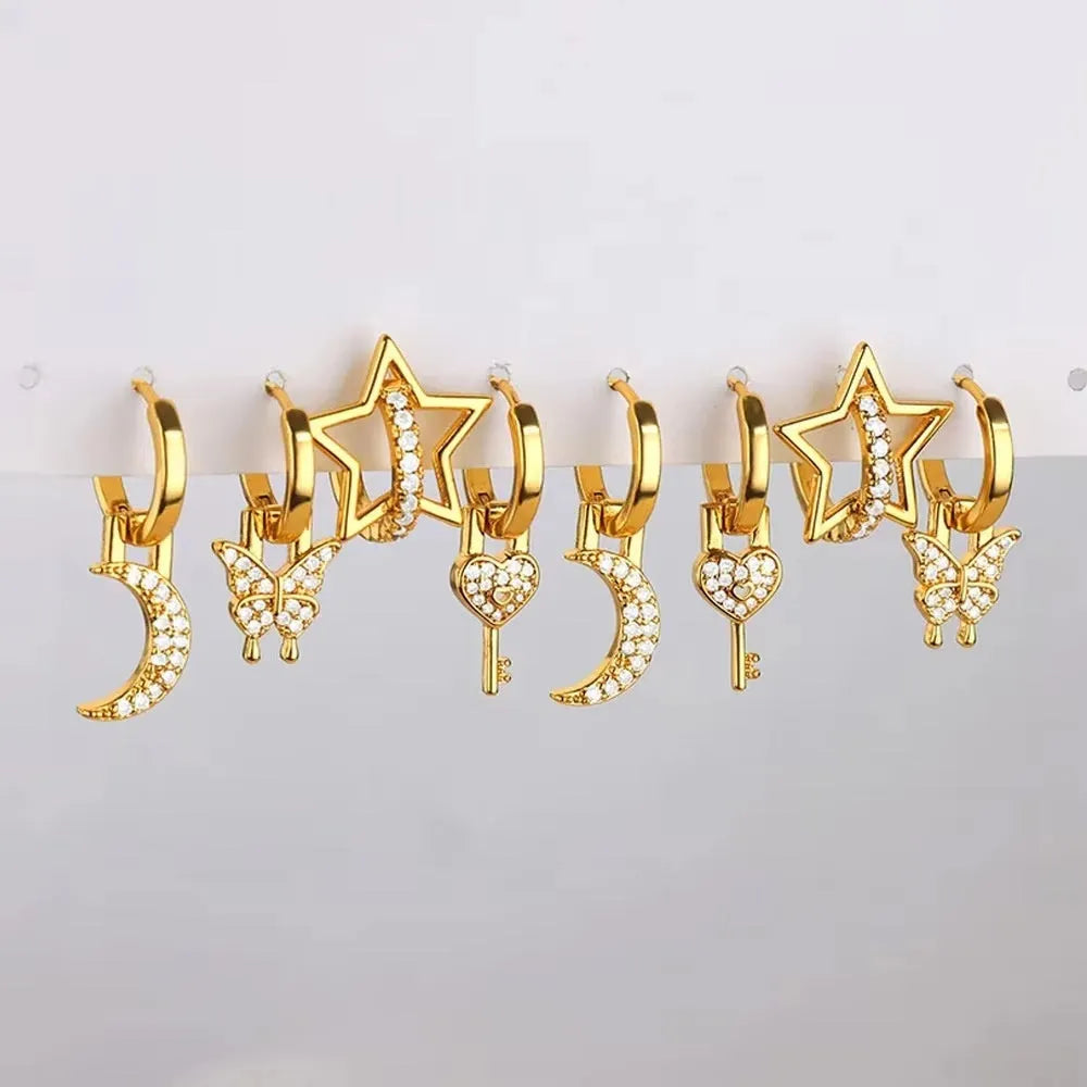 Women's irregular geometric butterfly earrings with copper construction and heart, bow, star elements