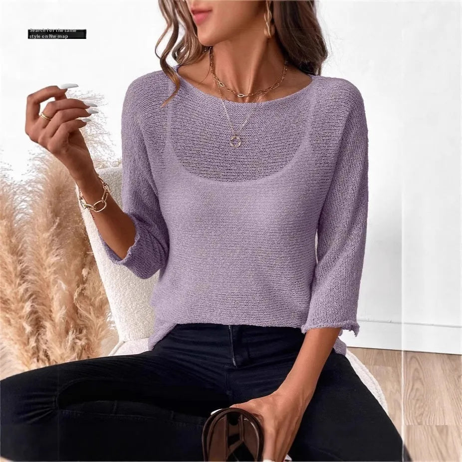 Women's knitted off-shoulder pullover top in thin polyester fabric with 3/4 sleeves, shown in multiple colours.