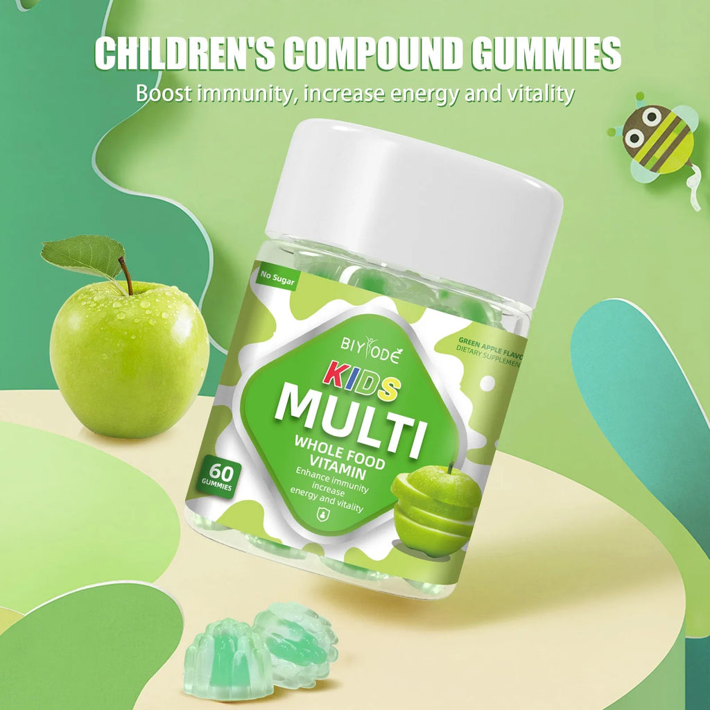 Bottle of 60 kids multivitamin gummies, 2 per day, custom flavour, children's daily health supplement