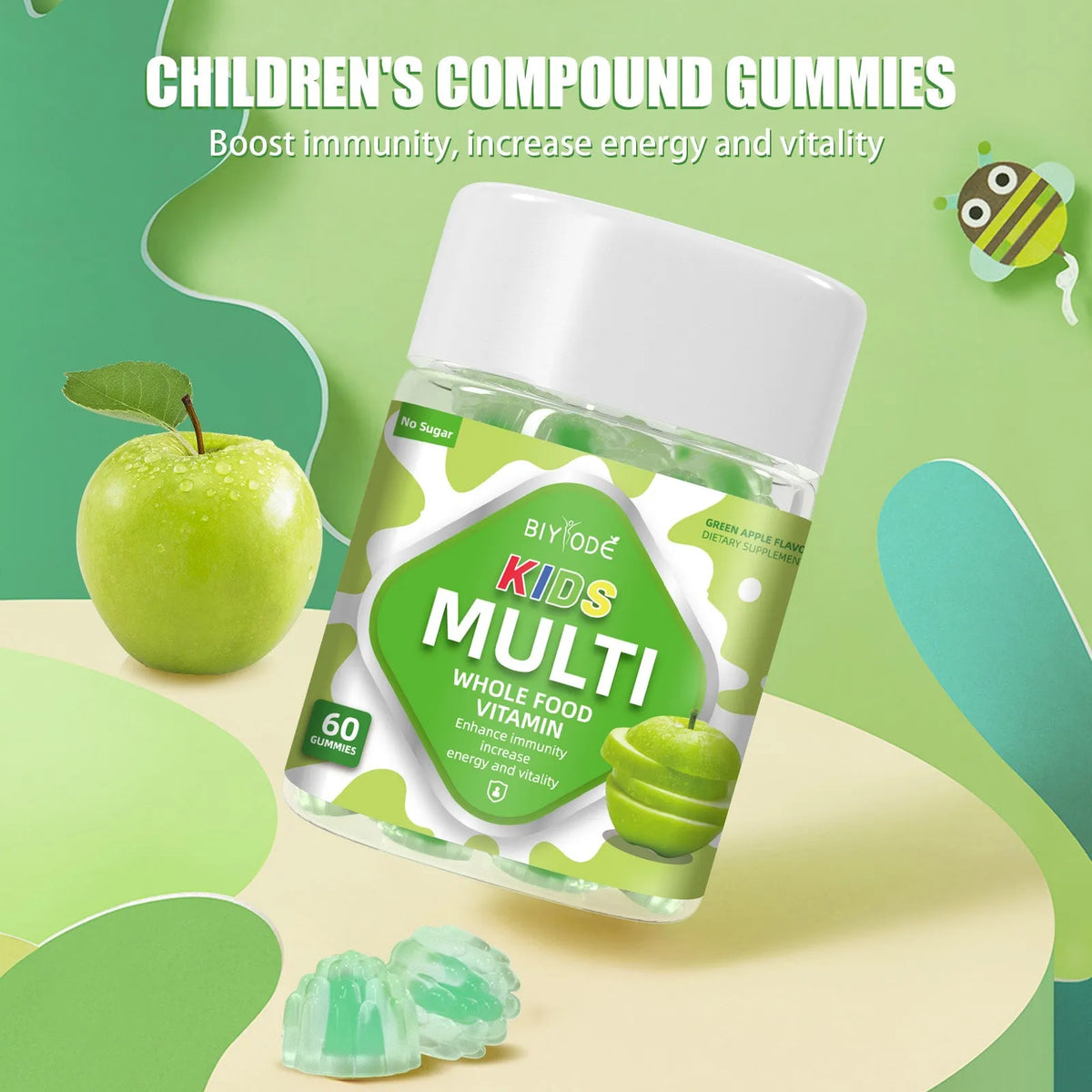 Bottle of 60 kids multivitamin gummies, 2 per day, custom flavour, children's daily health supplement