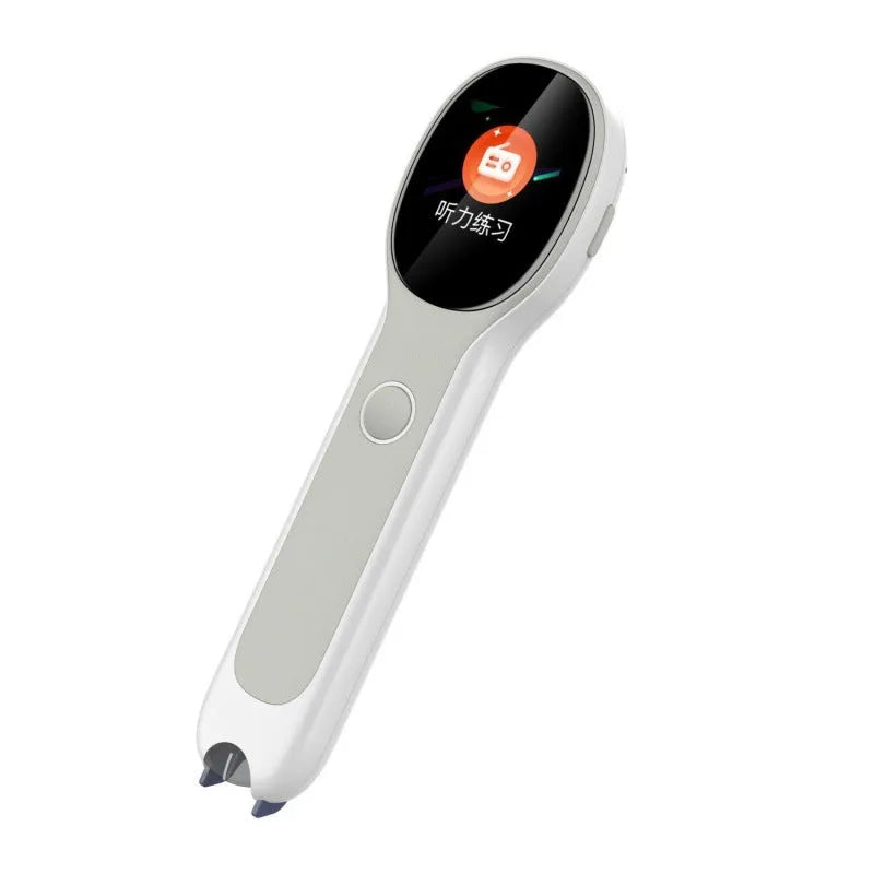 White universal reading pen for English and Chinese language learning with USB cable.