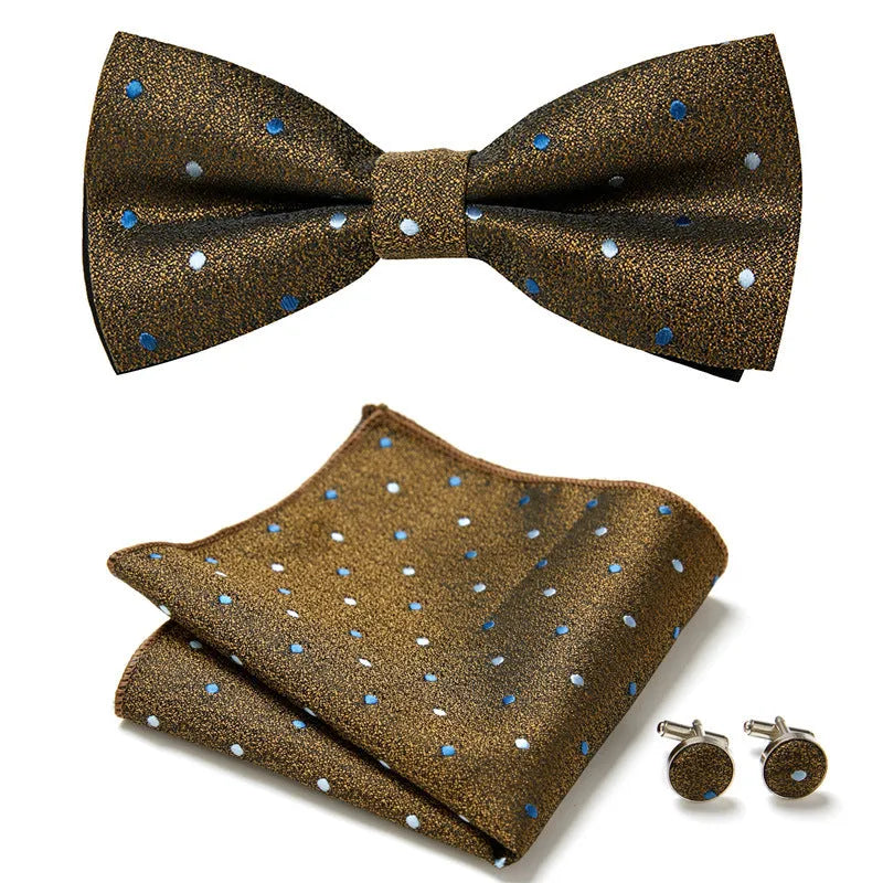Floral Bow Tie Set of Three Pieces Polyester Yarn Hand-Sewn 12cm by 6cm Bow Tie with Matching Pocket Square 25x25cm and Cufflinks 1.5cm for Men's Formal Wedding and Party Accessories Multistyle Options