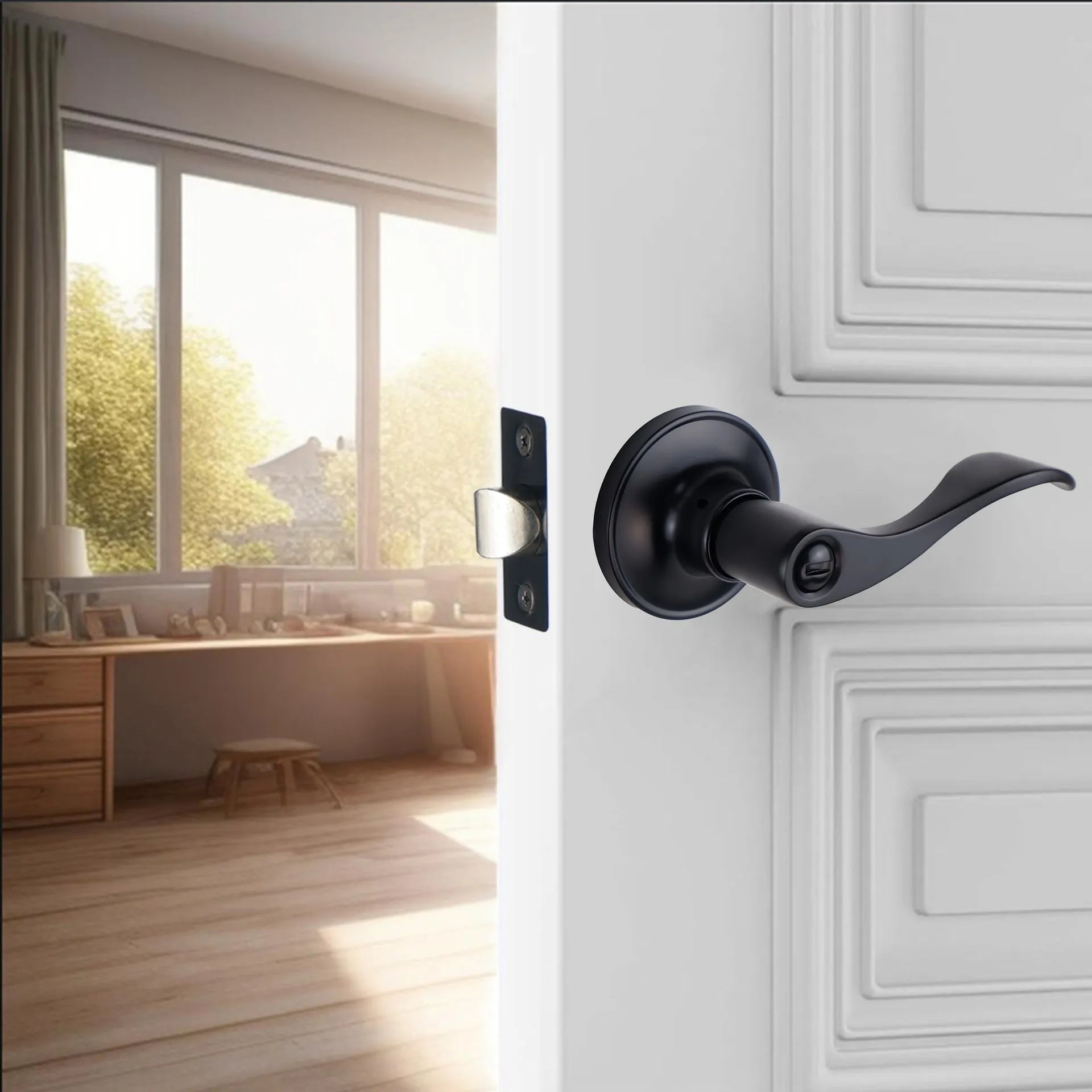 Stainless steel door handle with lock in black finish for bathroom use