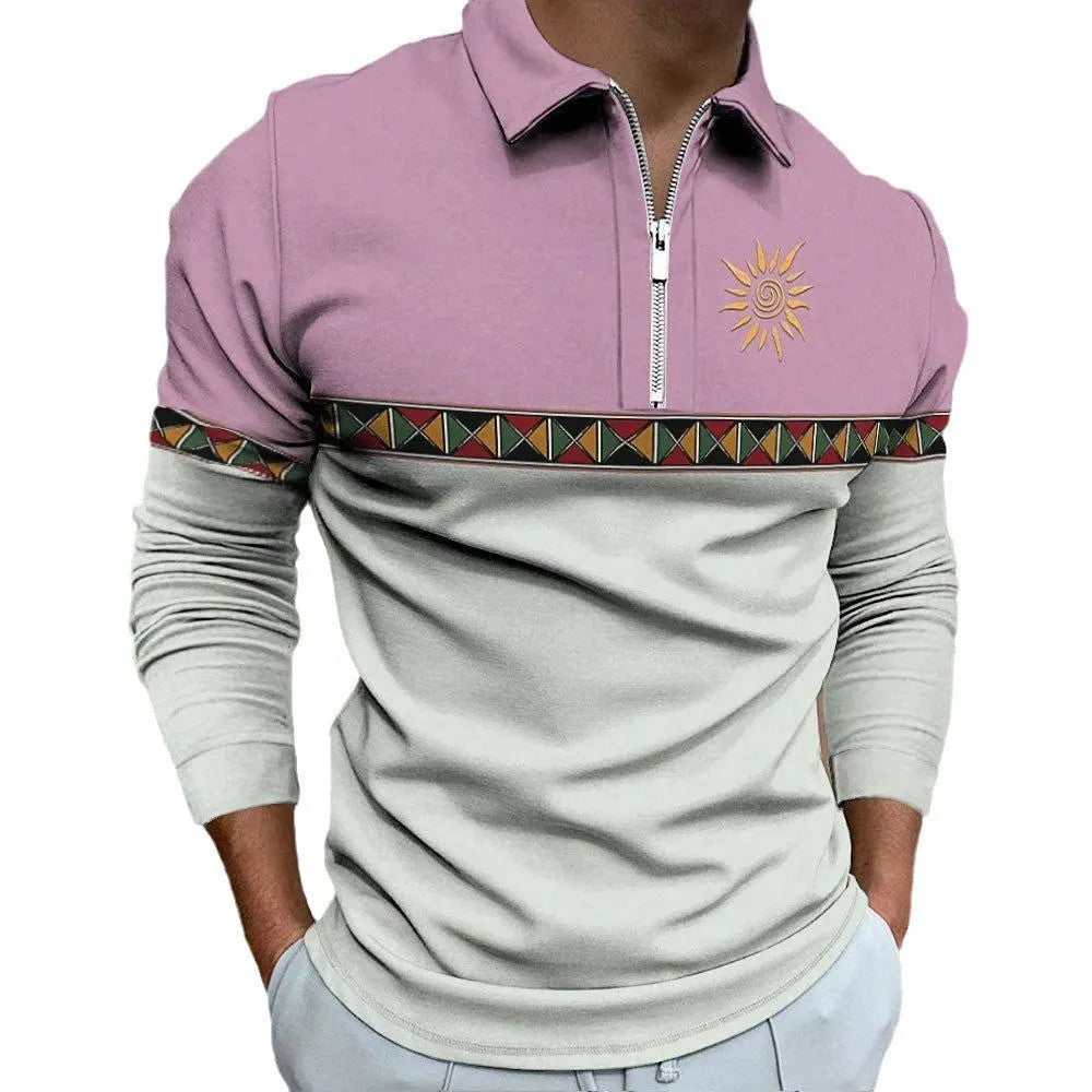 Men's retro colour print golf t-shirt with long sleeves and zip decorations on striped bird eye cloth
