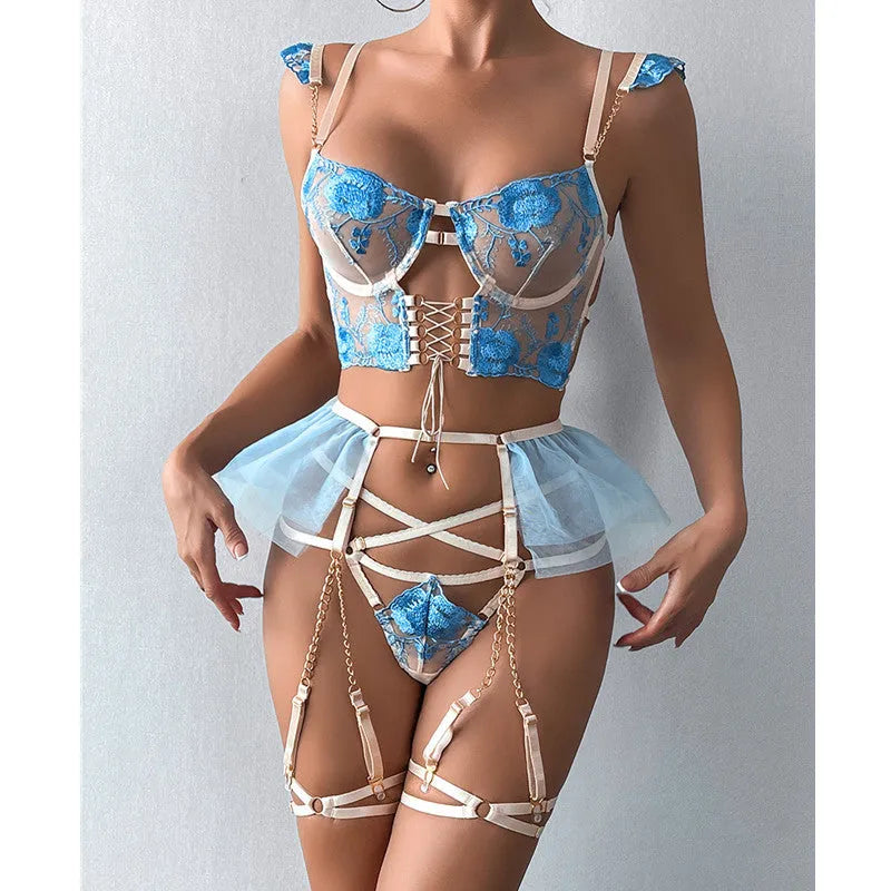 Women's light blue embroidered lace push-up bra set with transparent mesh detailing and matching pants