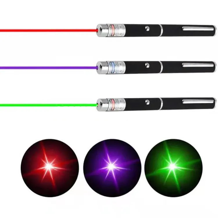 Three metal laser pens in green, purple, and red light colours for dog and cat chasing play