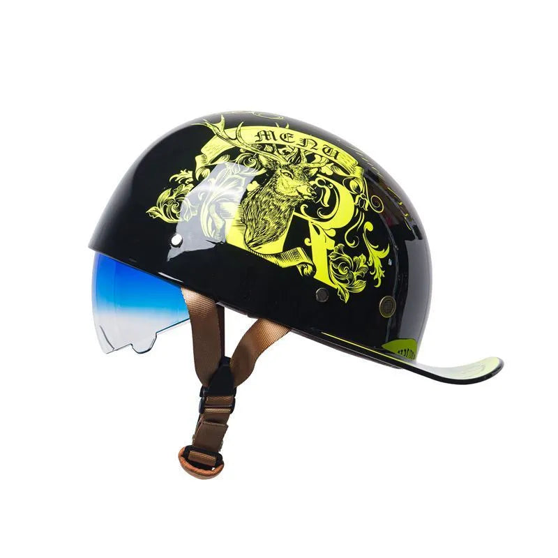 Men's retro electric bike half helmet in bright black with a gradient blue visor