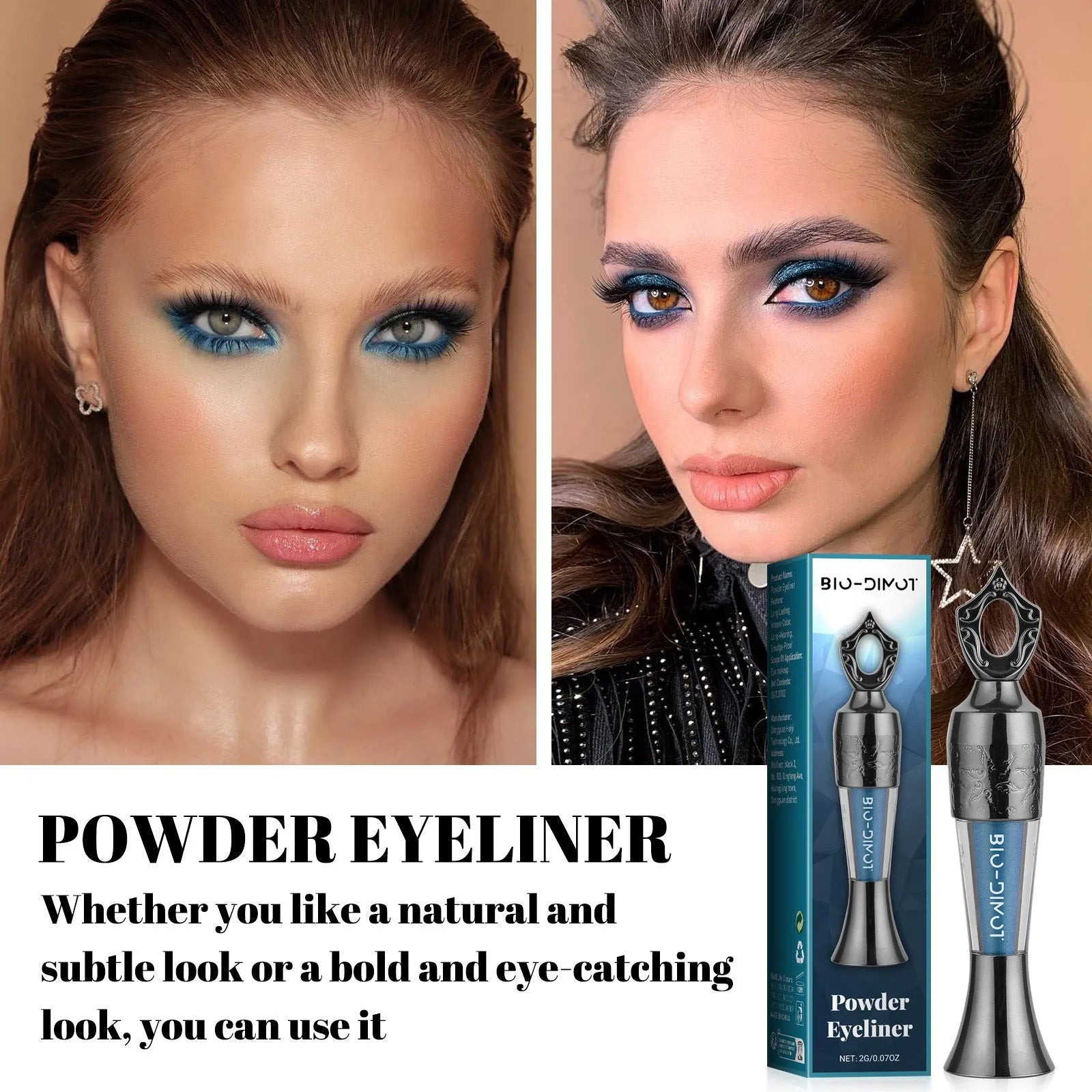 Smooth liquid eyeliner 2g in black, blue, brown, and green shades with precision tip