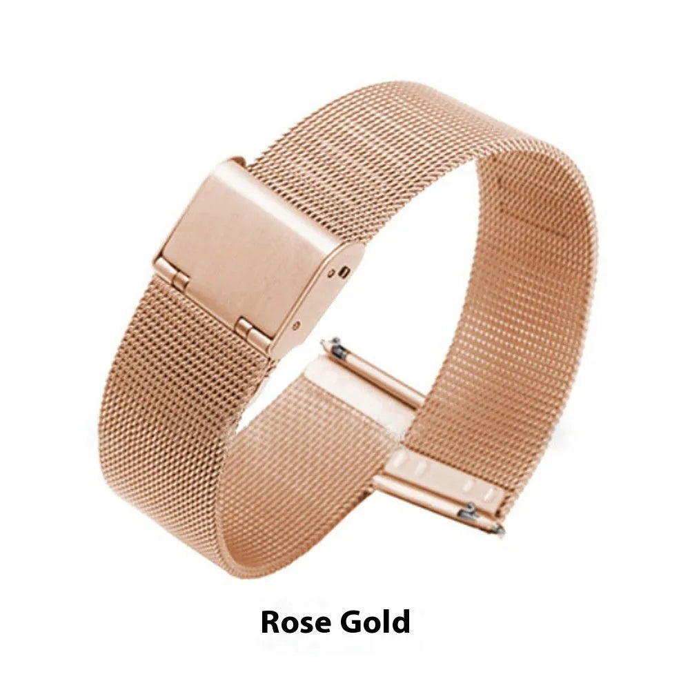 Milani silk woven stainless steel watch band in silver, showing quick-release pins and textured weave.