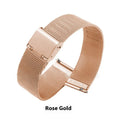 Milani silk woven stainless steel watch band in silver, showing quick-release pins and textured weave.
