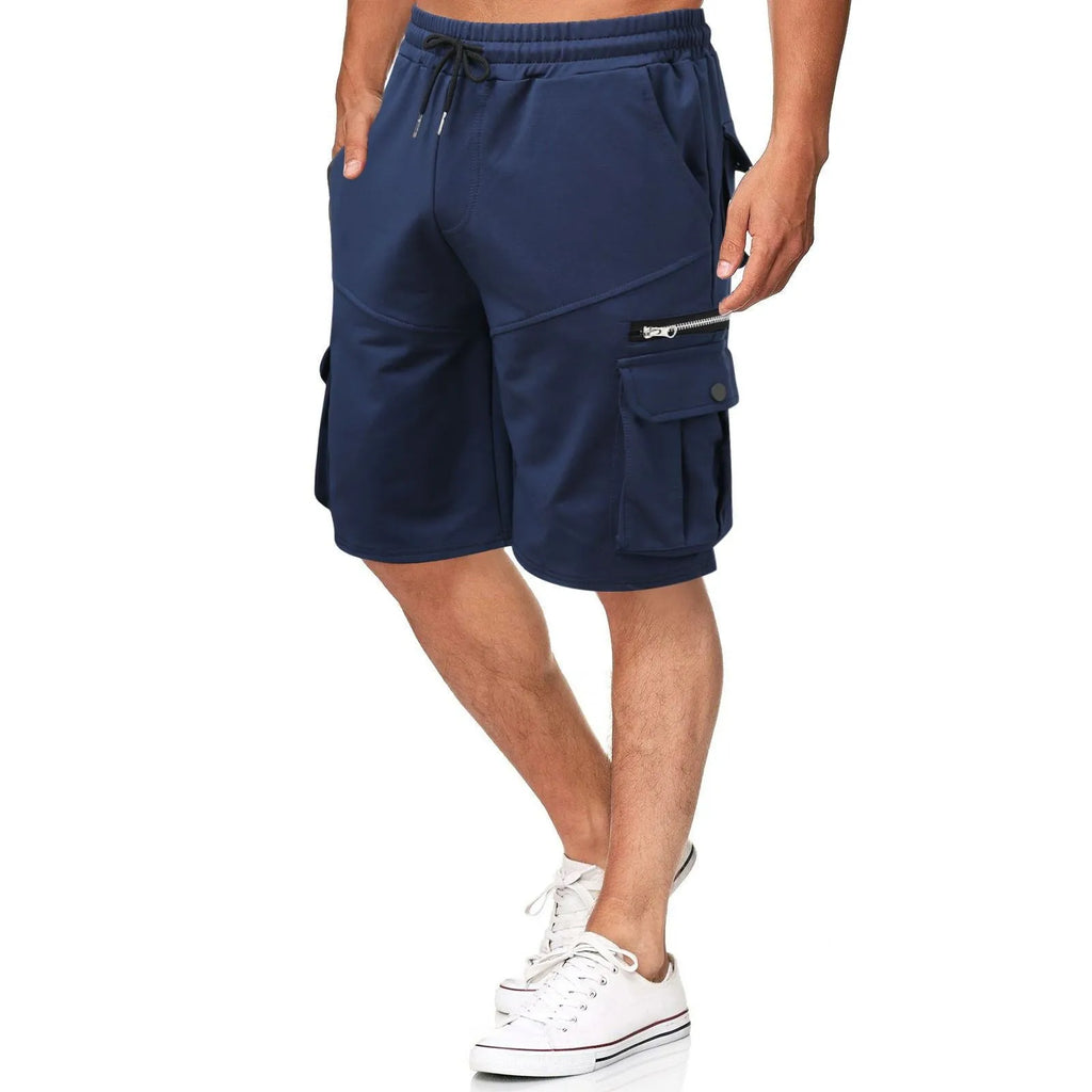Men's summer double pocket zipper shorts in polyester with cotton lining, mid waist, fifth length, available in eight colours