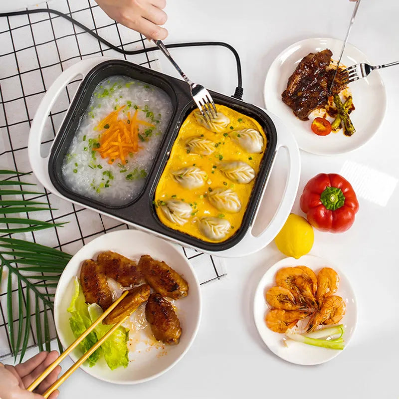 Green and white dual-function electric hot pot and frying oven appliance for 2-3 people