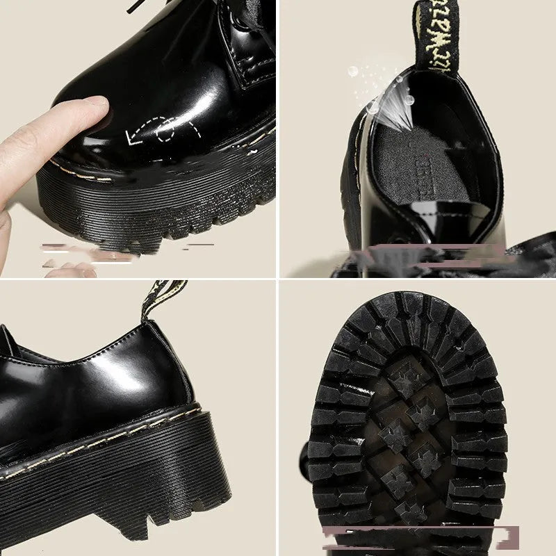 Black women's thick-soled lace-up shoes with ribbon detail on a superfine fibre upper.