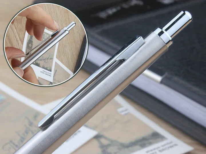 Silver metal mechanical pencil with clip, shown with compatible lead refills in sizes 0.5mm and 2.0mm.