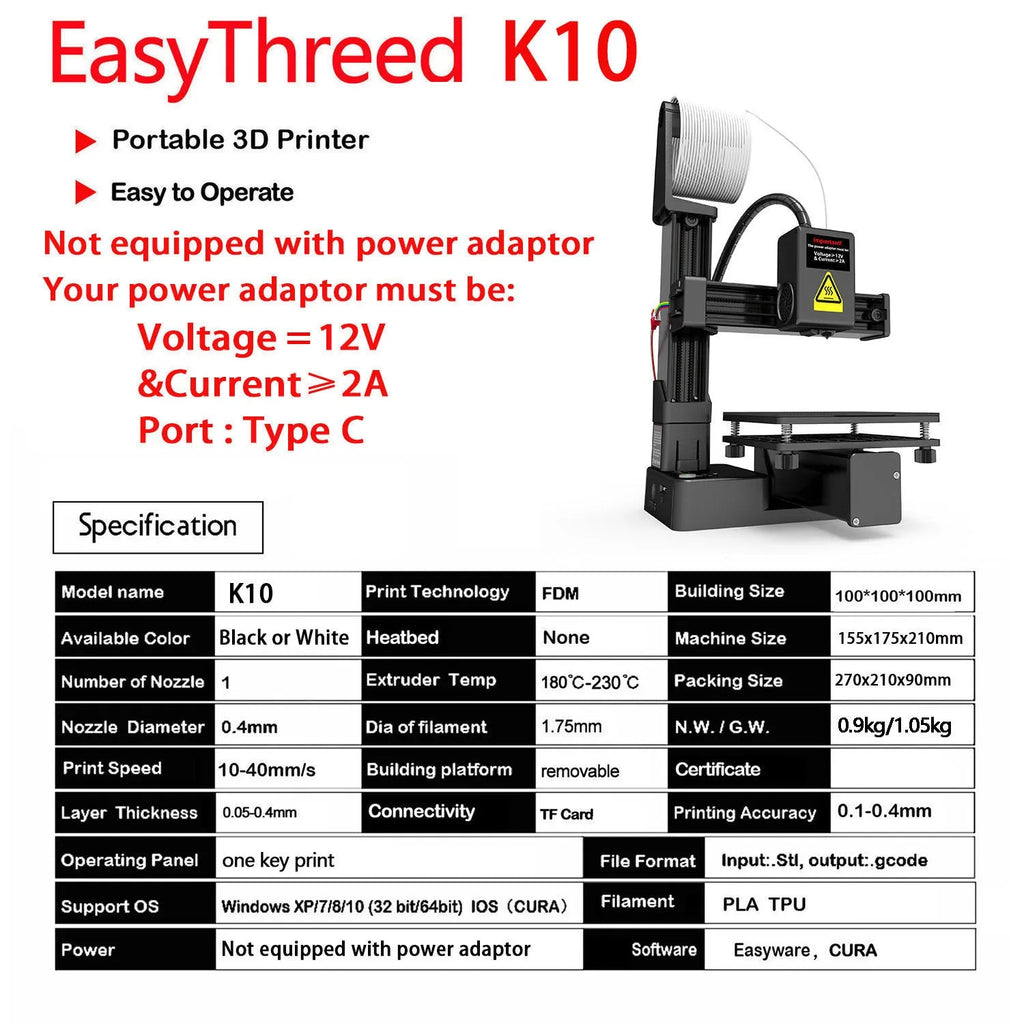 White EasyThreed K10 3D printer for entry-level TPU and PLA filament printing.