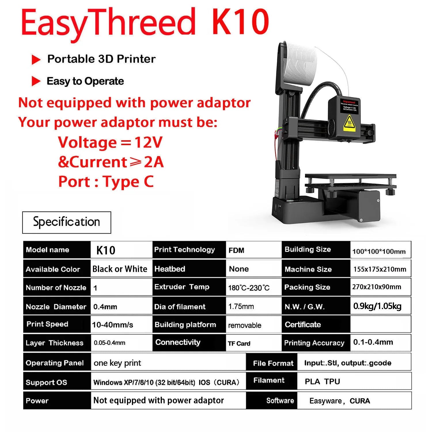 White EasyThreed K10 3D printer for entry-level TPU and PLA filament printing.