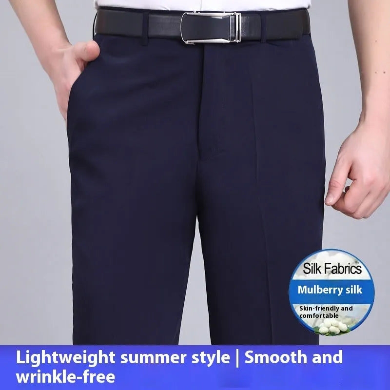 Men's mulberry silk blend straight cut business trousers in black with high waist design