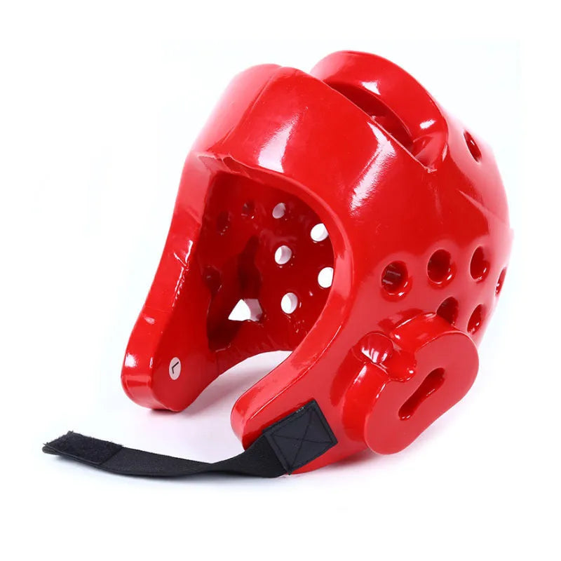 Red and blue karate protective gear set showing leg guards, helmet, and boxing gloves for martial arts training